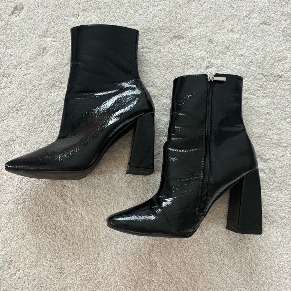 black square toe block heeled faux leather boots ankle mid women’s size 9